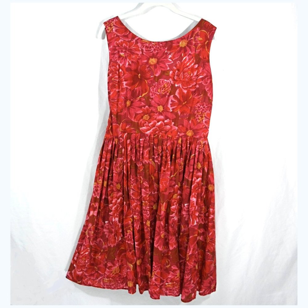 Newport News Red and Pink Floral Pleated Sundress Casual Cotton Tank Dress L 14